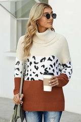 Winter Apricot Turtleneck Splicing Chunky Knit Pullover Sweater - Wear and Wander