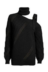 Winter Black Strapped Cut out Shoulder Turtleneck Sweater - Wear and Wander