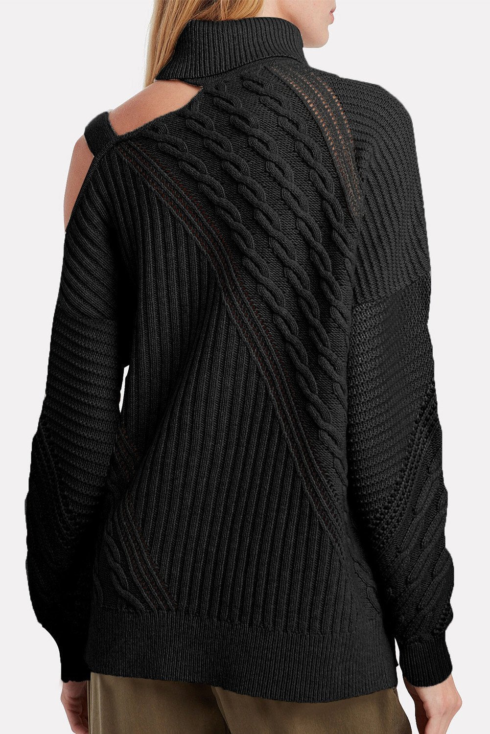 Winter Black Strapped Cut out Shoulder Turtleneck Sweater - Wear and Wander