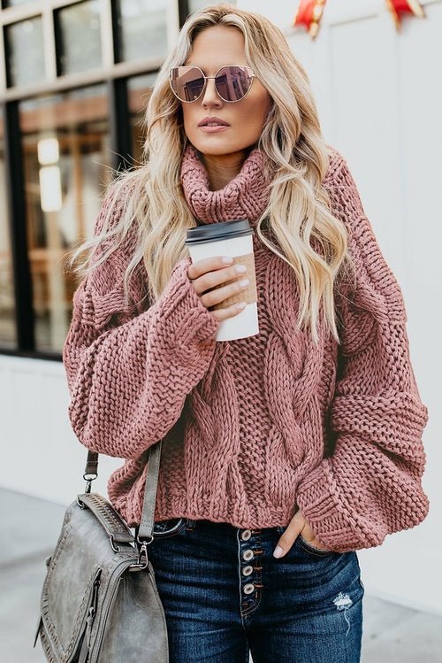 Winter Pink Cuddle Weather Cable Knit Handmade Turtleneck Sweater - Wear and Wander