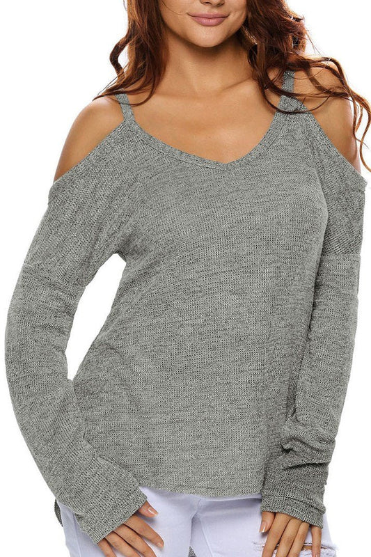 Women Gray Cold Shoulder Knit Long Sleeves Sweater - Wear and Wander