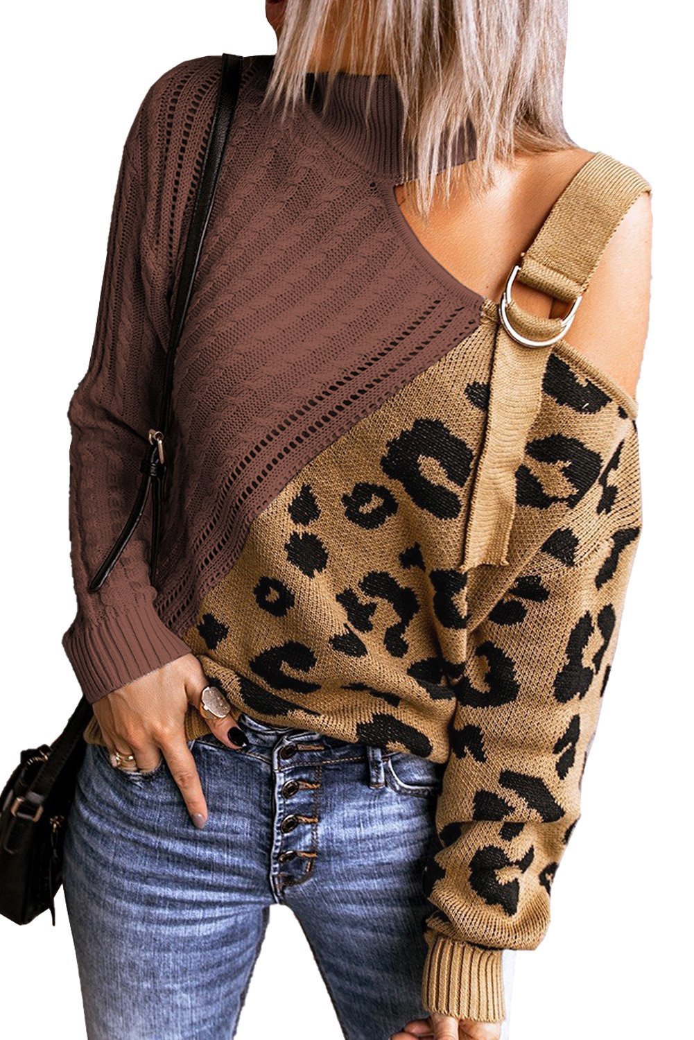 Women' s Fashion Brown Asymmetrical Buckle Sweater - Wear and Wander