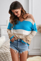 Women Sky Blue V Neck Colorblock Hollow - out Knitted Sweater - Wear and Wander