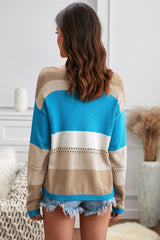 Women Sky Blue V Neck Colorblock Hollow - out Knitted Sweater - Wear and Wander