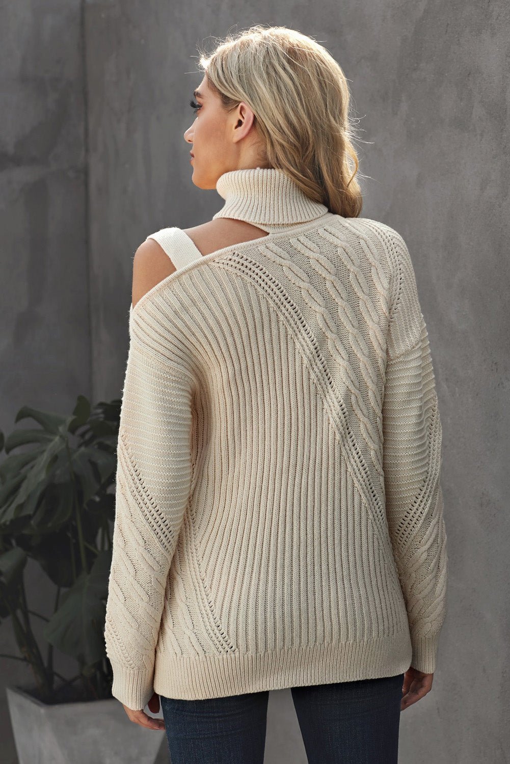 Women's Apricot Strapped Cut out Shoulder Turtleneck Sweater - Wear and Wander