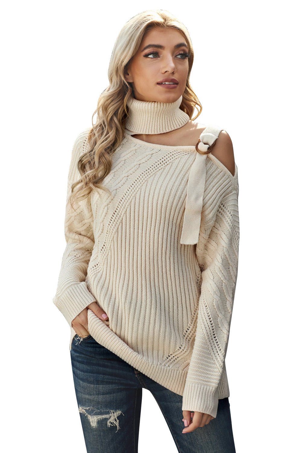 Women's Apricot Strapped Cut out Shoulder Turtleneck Sweater - Wear and Wander