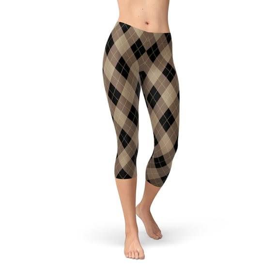 Womens Beige Brown Argyle Capri Leggings - Wear and Wander