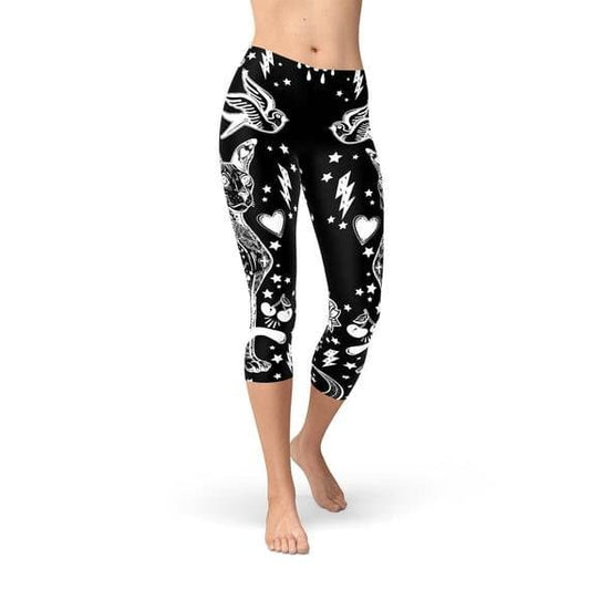 Womens Black Magic Cat Capri Leggings - Wear and Wander