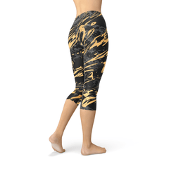 Womens Black Marble w/ Gold Splash Capri Leggings - Wear n Wander