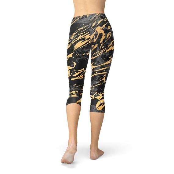 Womens Black Marble w/ Gold Splash Capri Leggings - Wear n Wander