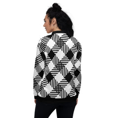 Womens Bomber Jacket, Black and White Plaid Print - Wear and Wander