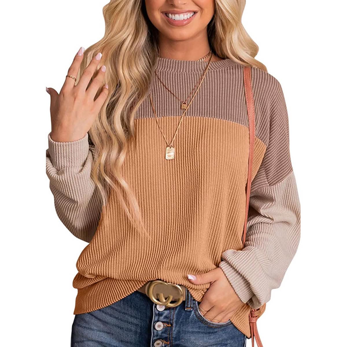 Womens Color Block Long Sleeve Crewneck Knitted Casual Pullover Tops - Wear and Wander