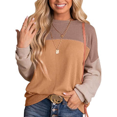 Womens Color Block Long Sleeve Crewneck Knitted Casual Pullover Tops - Wear and Wander