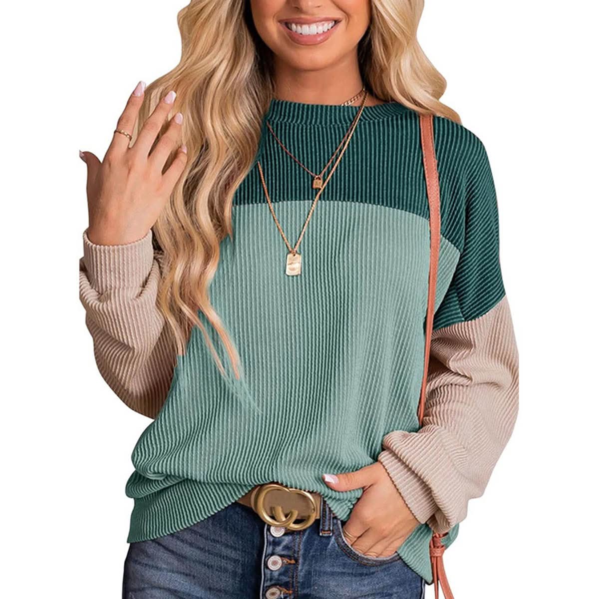 Womens Color Block Long Sleeve Crewneck Knitted Casual Pullover Tops - Wear and Wander