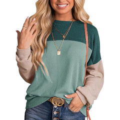 Womens Color Block Long Sleeve Crewneck Knitted Casual Pullover Tops - Wear and Wander