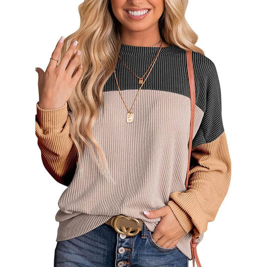 Womens Color Block Long Sleeve Crewneck Knitted Casual Pullover Tops - Wear and Wander