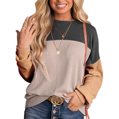Womens Color Block Long Sleeve Crewneck Knitted Casual Pullover Tops - Wear and Wander