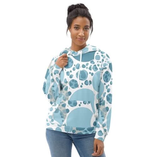 Womens Graphic Hoodie Blue and White Circular Spotted Illustration - Wear and Wander
