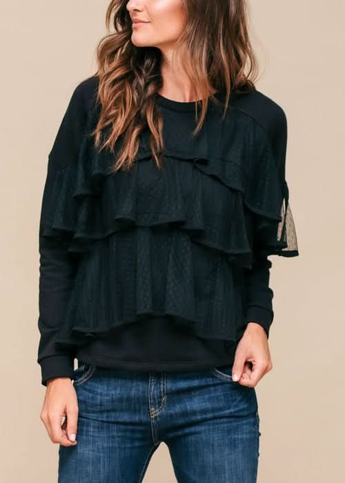 Women's Layered Lace Front Crewneck Sweatshirt - Wear and Wander