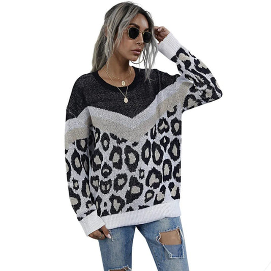 Womens Leopard Print Round Neck Sweater - Wear and Wander