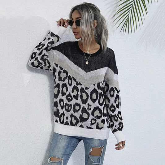 Womens Leopard Print Round Neck Sweater - Wear and Wander