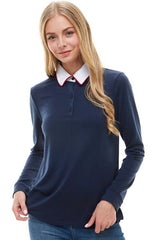 Women's Long Sleeve Polo Shirt with Contrast Collar - Wear and Wander