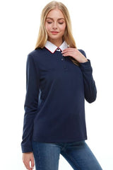 Women's Long Sleeve Polo Shirt with Contrast Collar - Wear and Wander