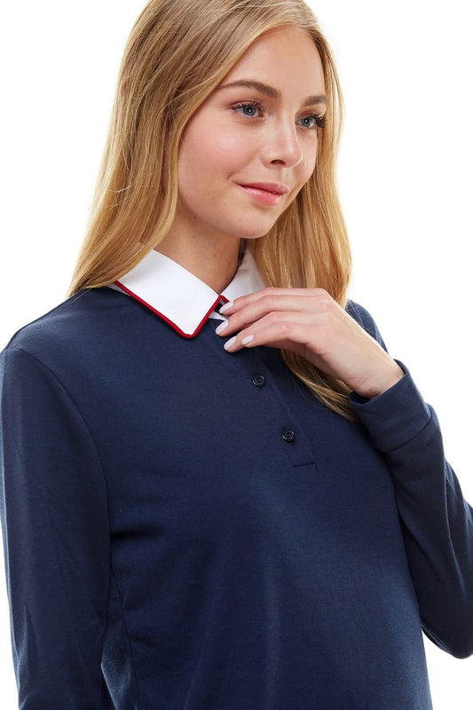 Women's Long Sleeve Polo Shirt with Contrast Collar - Wear and Wander