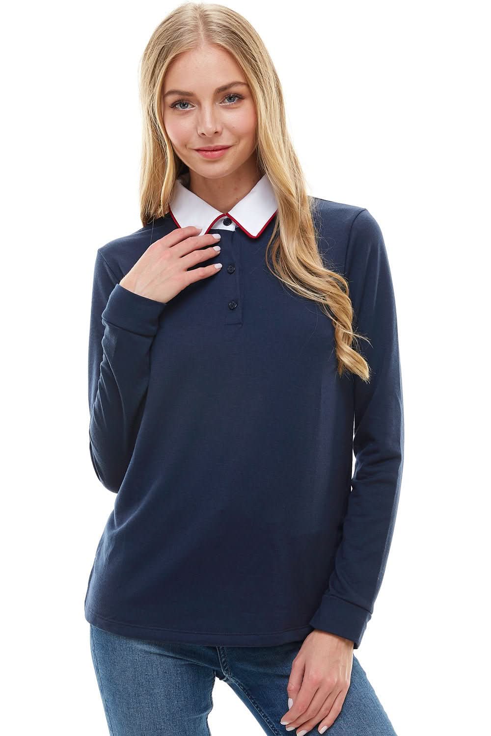 Women's Long Sleeve Polo Shirt with Contrast Collar - Wear and Wander