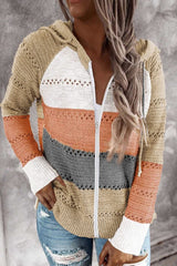 Womens Multicolor Zipped Front Colorblock Hollow - out Knit Hoodie - Wear and Wander