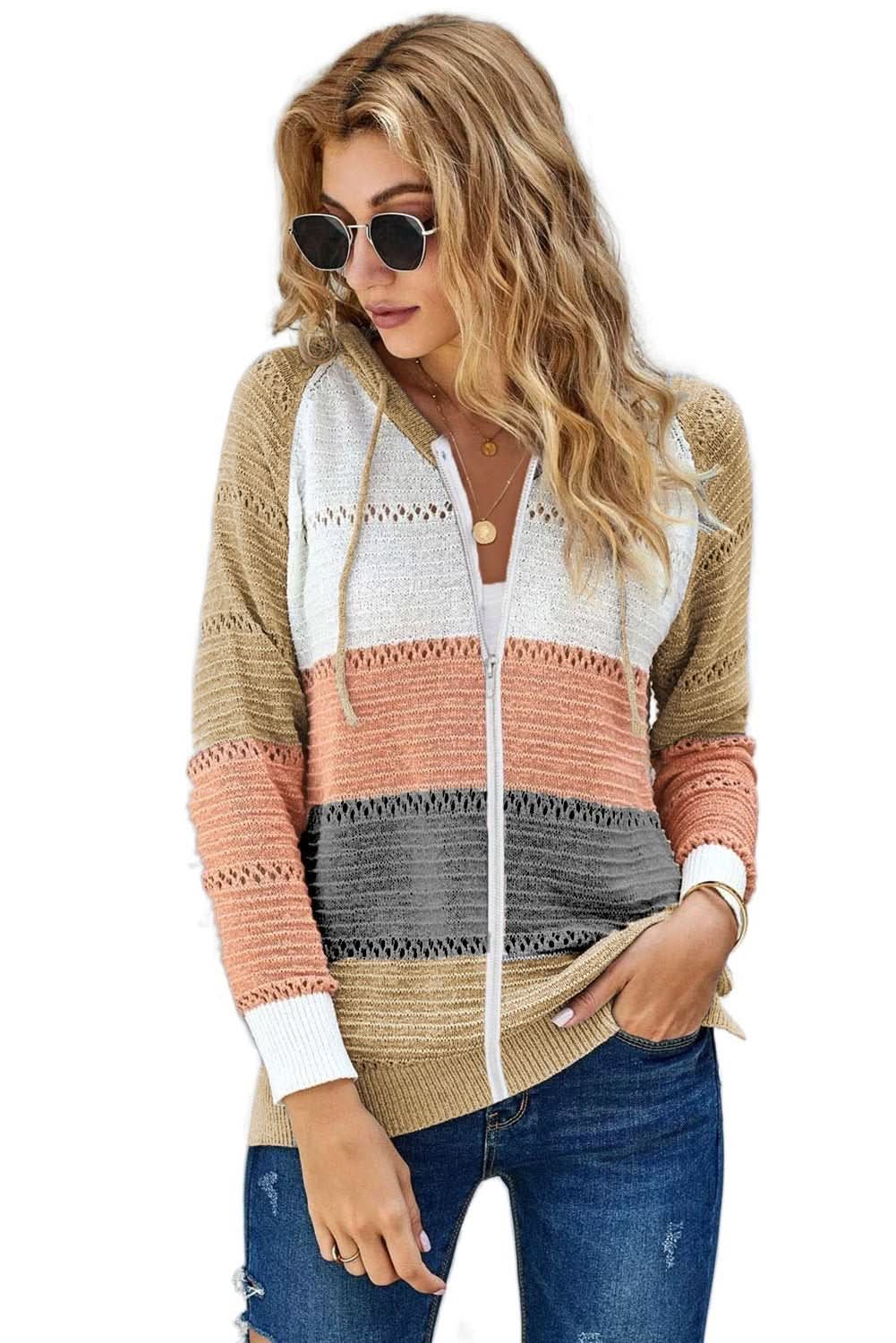 Womens Multicolor Zipped Front Colorblock Hollow - out Knit Hoodie - Wear and Wander
