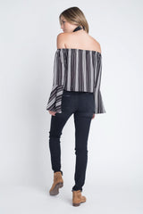 Women's Off Shoulder Casual Stripe Bell Sleeve Top - Wear and Wander