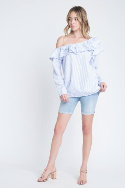 Women's One Shoulder Stripe Ruffle Top - Wear and Wander