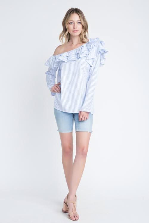 Women's One Shoulder Stripe Ruffle Top - Wear and Wander