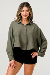 Women's Oversized Button - Up Shirt - Casual and Stylish Cropped Top - Wear and Wander