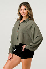 Women's Oversized Button - Up Shirt - Casual and Stylish Cropped Top - Wear and Wander