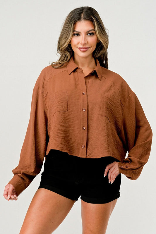 Women's Oversized Button - Up Shirt - Casual and Stylish Cropped Top - Wear and Wander