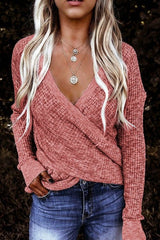 Women's Pink Deep V - neck Long Sleeve Knit Sweater - Wear and Wander