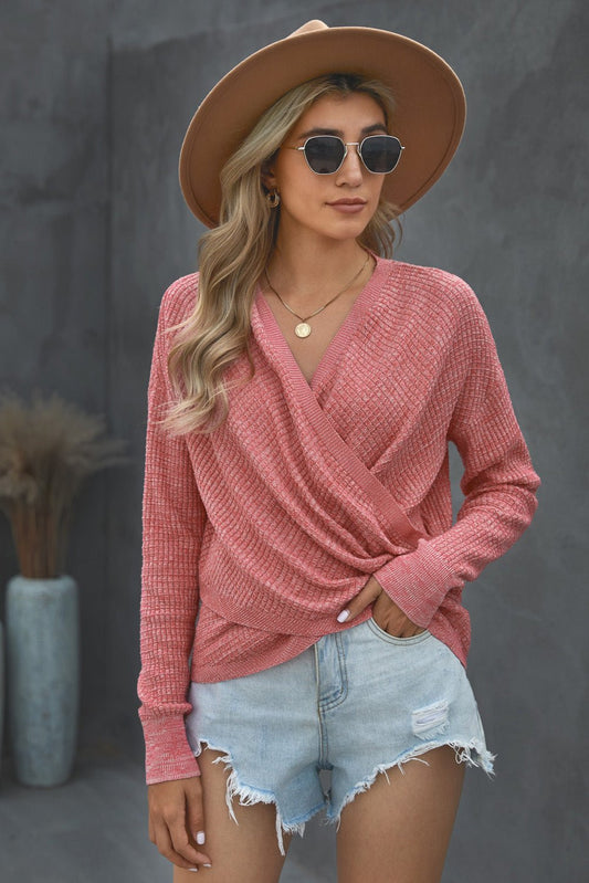 Women's Pink Deep V - neck Long Sleeve Knit Sweater - Wear and Wander