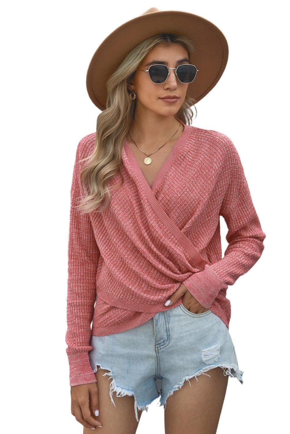 Women's Pink Deep V - neck Long Sleeve Knit Sweater - Wear and Wander