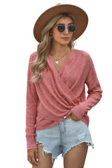 Women's Pink Deep V - neck Long Sleeve Knit Sweater - Wear and Wander