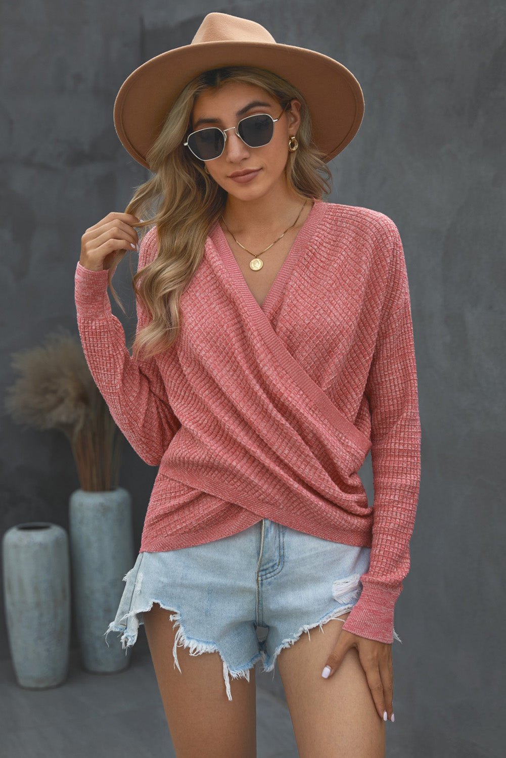 Women's Pink Deep V - neck Long Sleeve Knit Sweater - Wear and Wander