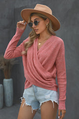 Women's Pink Deep V - neck Long Sleeve Knit Sweater - Wear and Wander