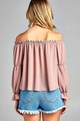 Women's Puff Long Sleeve Ruffled Front Tie Off Shoulder Top - Wear and Wander