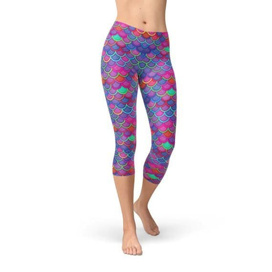 Womens Purple Pink Mermaid Capri Leggings - Wear and Wander