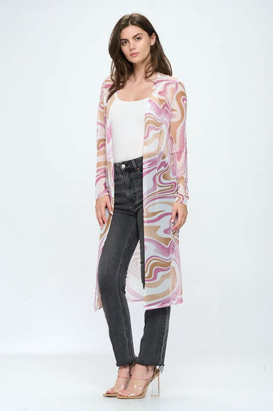 Women's Sheer Longline Cardigan with Retro Swirl Print - Wear and Wander