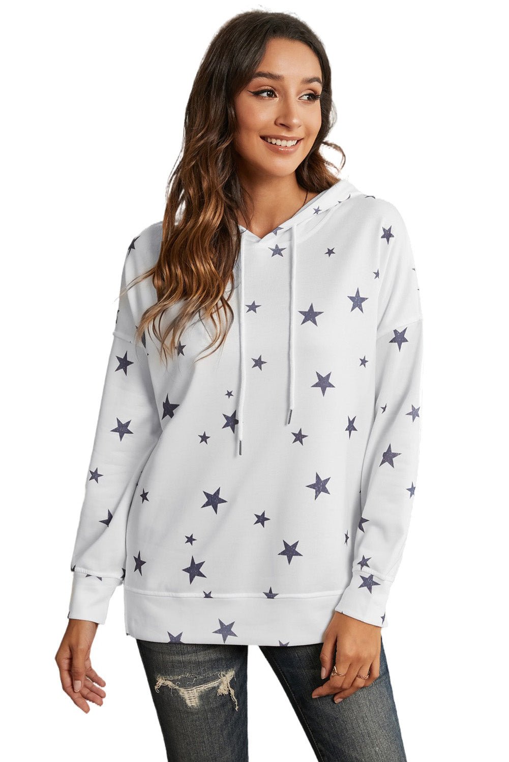 Women's Side Slits White Star Print Hoodie - Wear and Wander