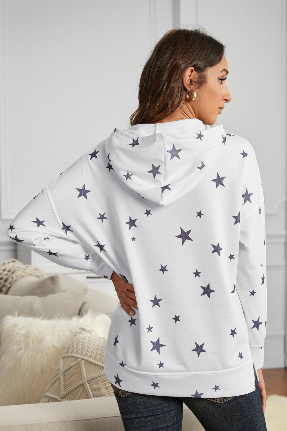 Women's Side Slits White Star Print Hoodie - Wear and Wander