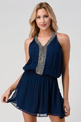 Women's Sleeveless Mini Dress with Embellished Neckline - Wear and Wander