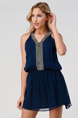 Women's Sleeveless Mini Dress with Embellished Neckline - Wear and Wander